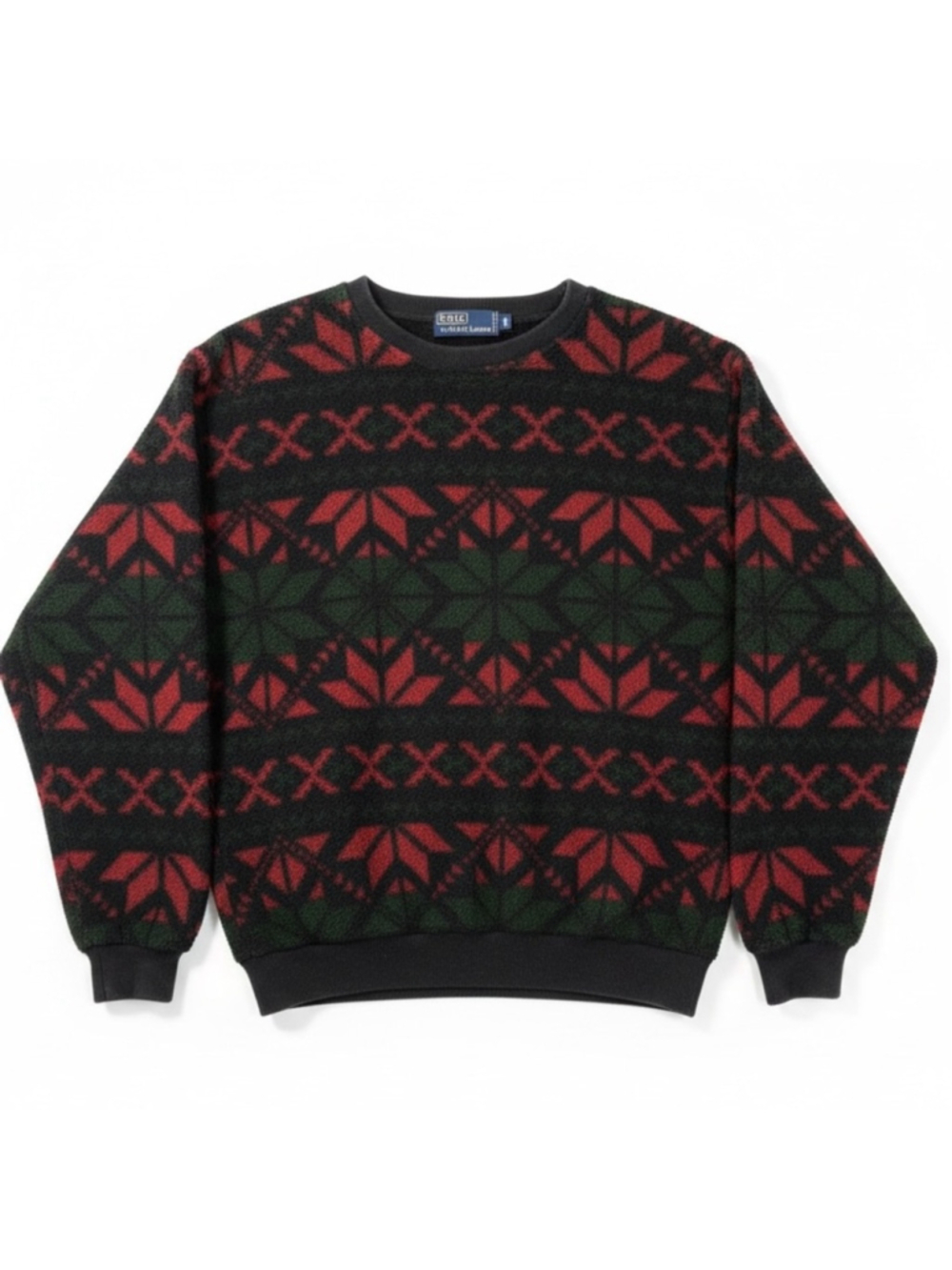 Vintage Ralph Lauren Fleece Crewneck Sweater with Red & Green Fair Isle Pattern